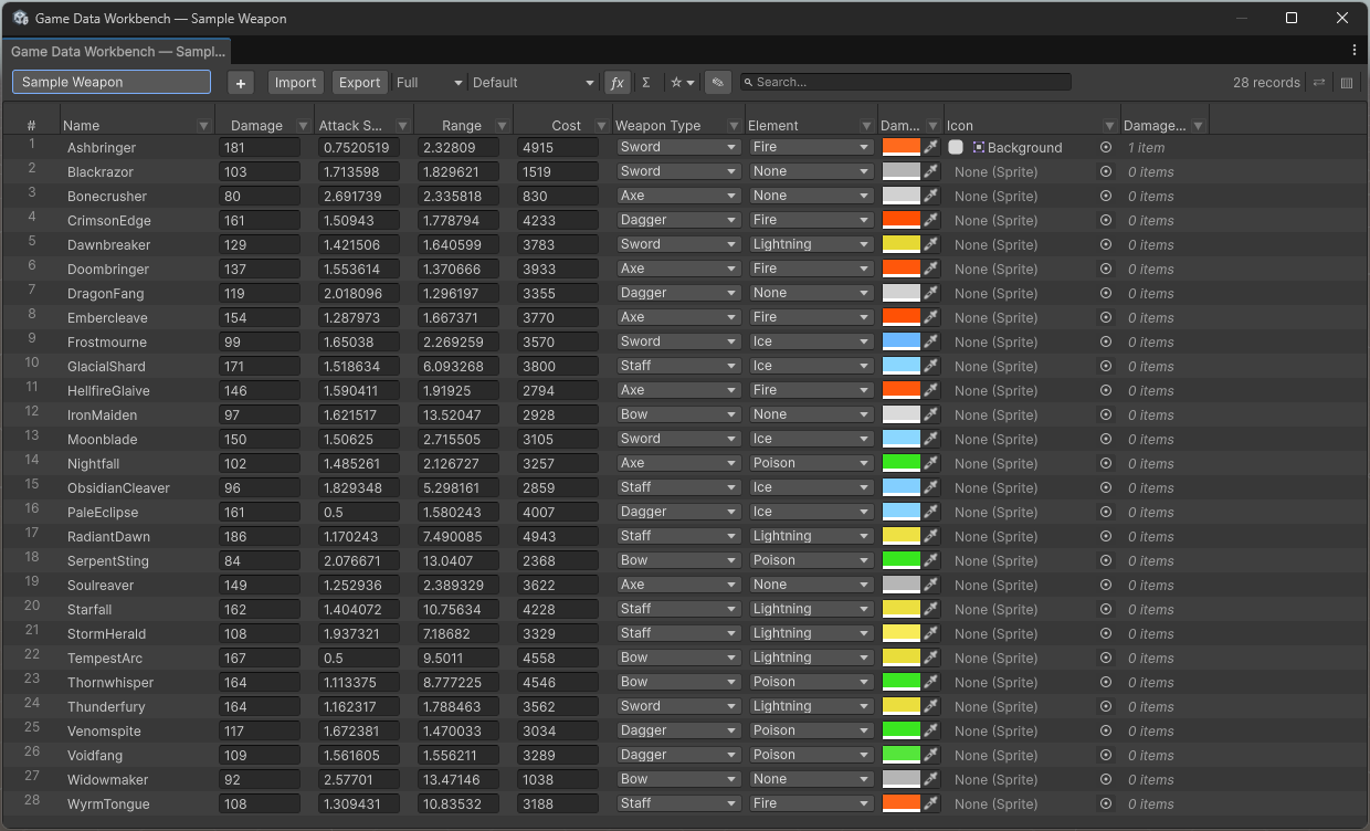Table View window showing weapon data with multiple columns, filters, and toolbar
